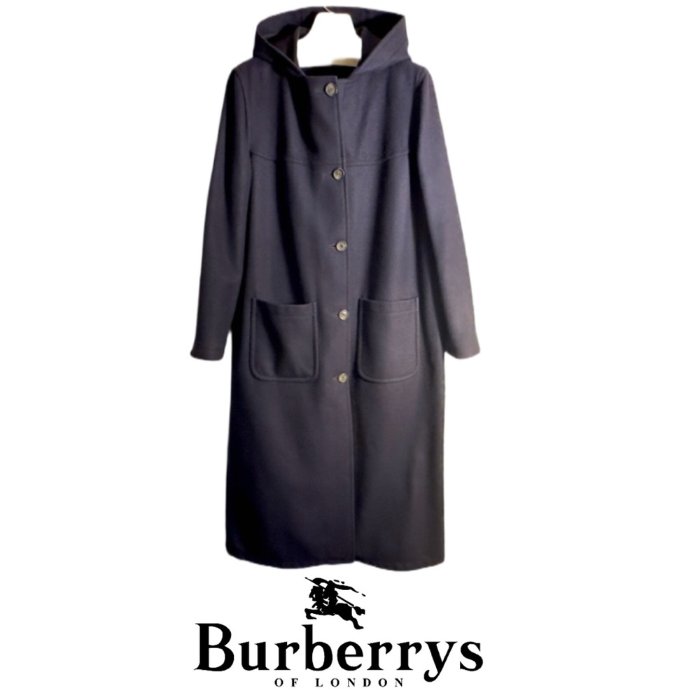 BURBERRY’S | Hooded Navy Blue Button Up Wool Maxi Over Coat Jacket Trench